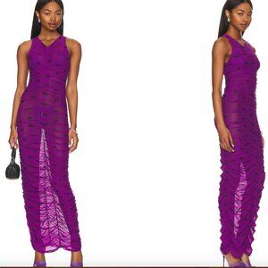 GANNI Sheer Ruched Long Dress in Sparkling Grape, Size EU 38 (6, Medium)